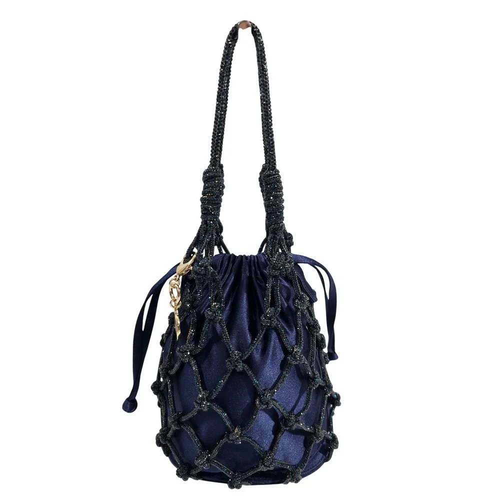 Judith Leiber Couture Sparkle Net Pouch Bag Bucket Navy Satin Mesh Evening EUC
